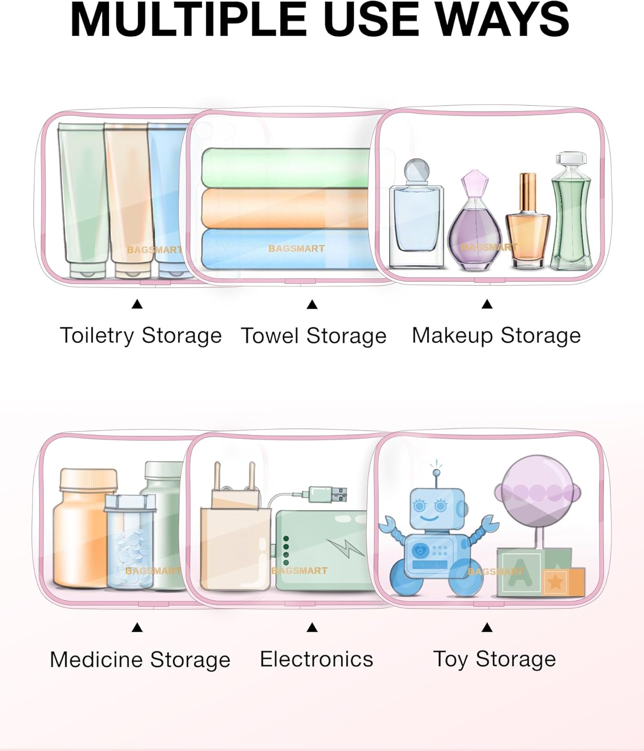 BAGSMART Clear Toiletry Bag, 2 Packs TSA Approved Water Resistant Quart Size Travel Organizer, 2 Sizes Airport Airline Travel Essential Carry On Makeup Cosmetic Bags for Women, Pink