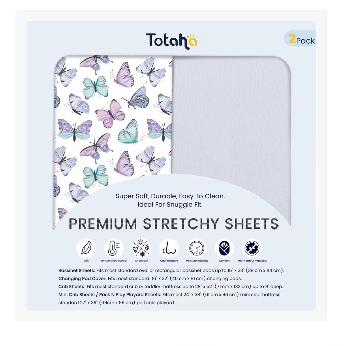 TotAha Premium Soft Pack n Play Sheets, Super Stretchy Jersey Knit Mini Crib Sheets Fitted, Silky Comfort Graco Pack and Play Mattress Sheets 2-Pack, Purple Butterfly