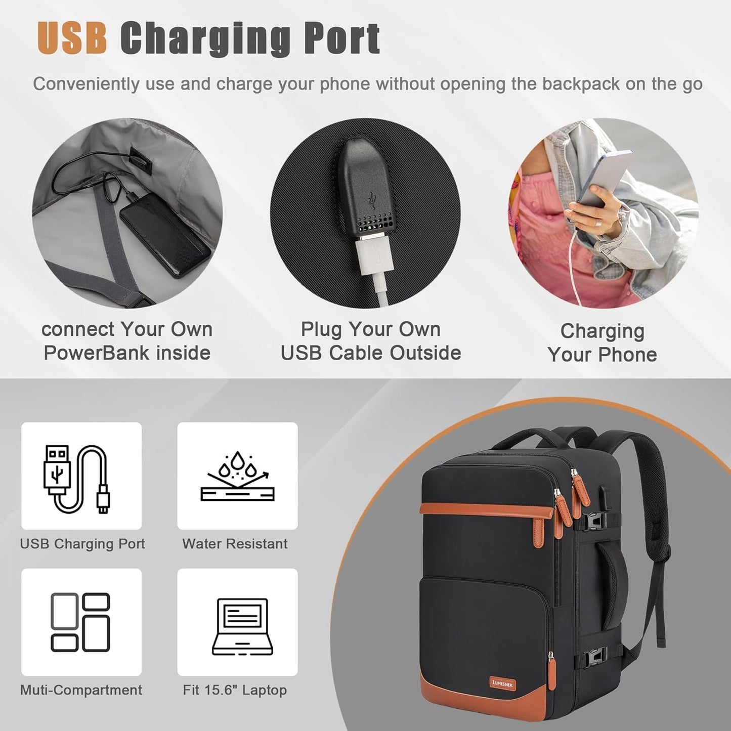 50L Travel Backpack with USB Charging Port, Water-Resistant Carry On Backpack for Men Women, Business Laptop Backpack for Trips & Commutes, Fits 18 Inch Laptop