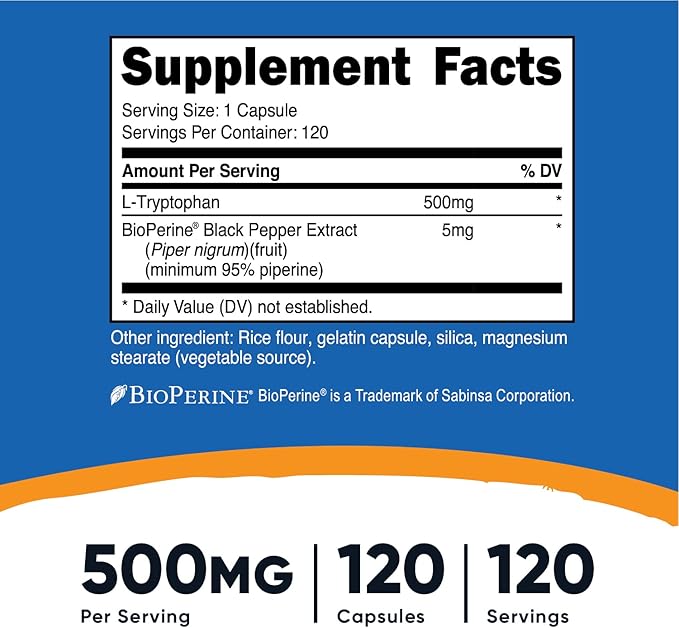 Nutricost L-Tryptophan 500mg, 120 Capsules (2 Bottles)