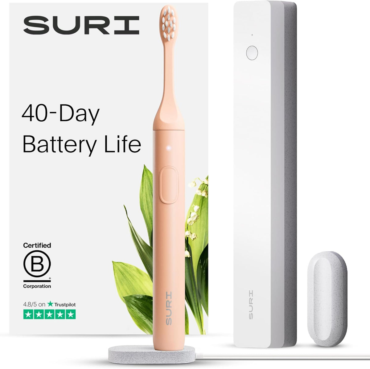 SURI Sonic Electric Toothbrush with UV Travel Case - 40-Day Battery- Designed in California - Electric Toothbrushes Adults - Slim Travel Tooth Brush
