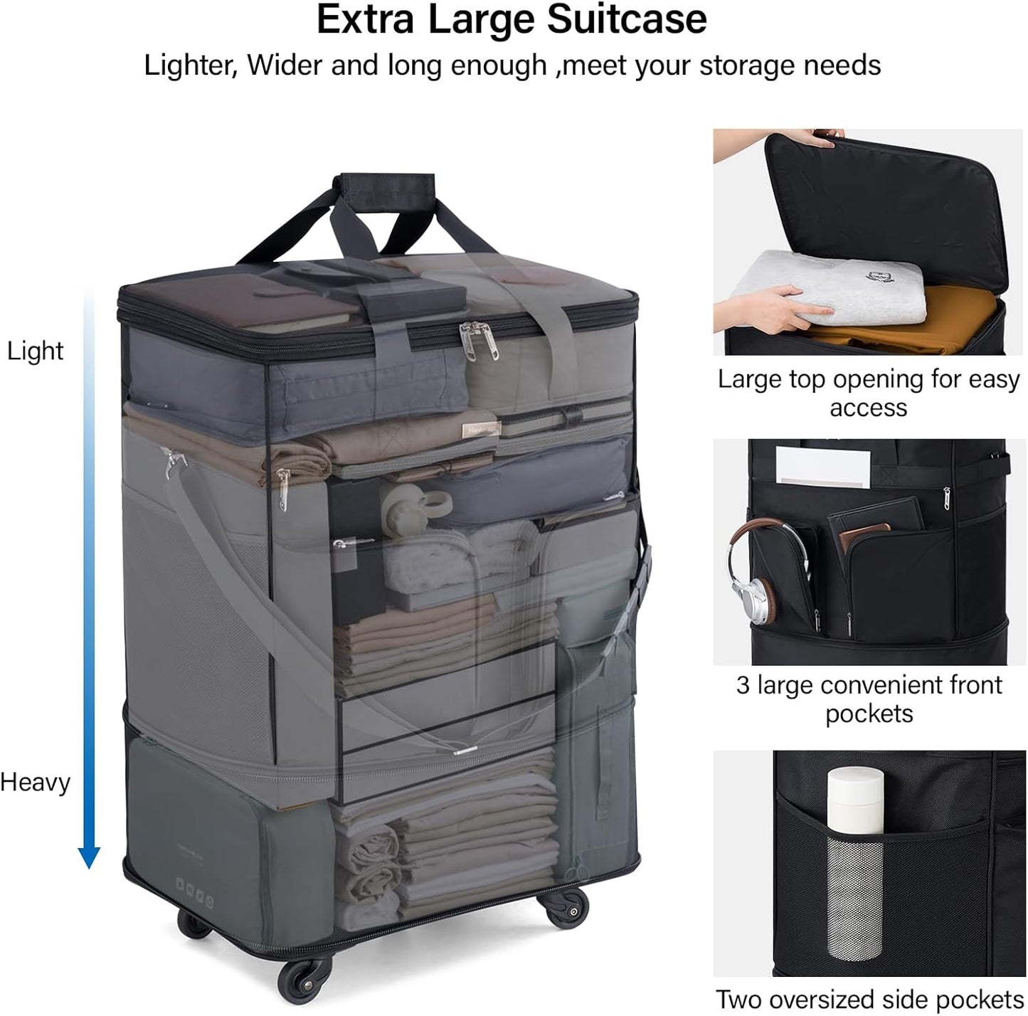 Hanke Expandable Collapsible Luggage with Wheels Suitcase Luggage Rolling Travel Bag Duffel Bag for Men Women Lightweight Suitcase Large Capacity Luggage with Spinner Wheel (Black)