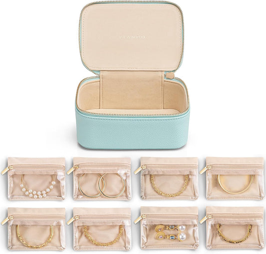 Vlando Jewelry Travel Organizer with 8 Velvet Jewelry Bags Travel Jewelry Storage Box Jewelry Case for Necklace Rings Earrings Trendy Christmas Birthday Graduate Gifts for Women-Lake Blue