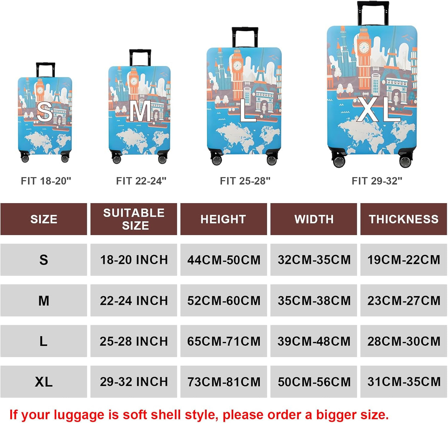 WUJIAONIAO Travel Luggage Cover Baggage Suitcase Cover Protector Skins 18-32 Inch (Eiffel Tower, XL (for 29-32 inch luggage))