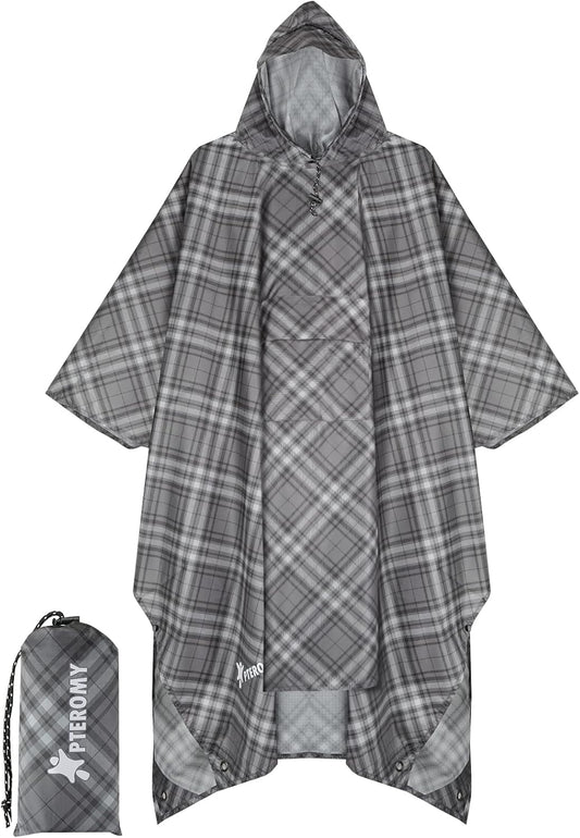 PTEROMY Hooded Rain Poncho for Adult with Pocket, Waterproof Lightweight Unisex Raincoat for Hiking Camping Emergency