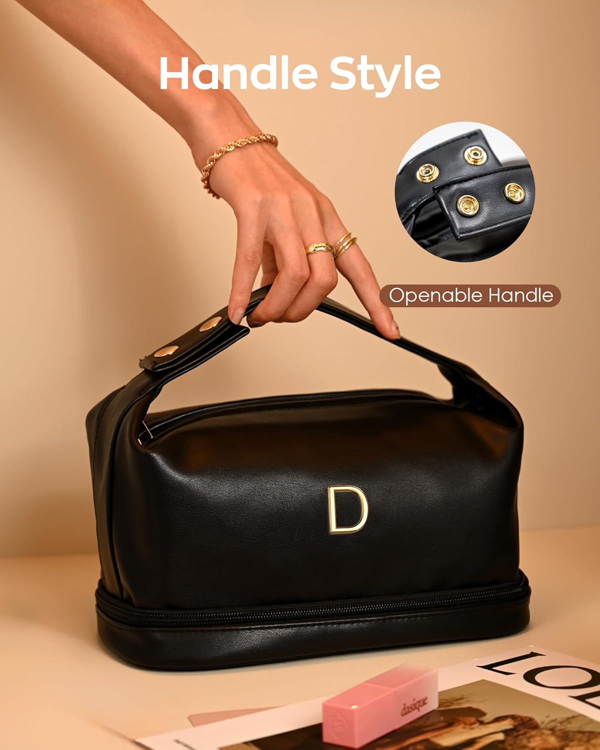 Initial Makeup Bag Personalized Bags with Handle, Gifts for Women In Their 20S Cosmetic Bag, Bridal Shower Gift for BrideMakeup Bags Letter Travel Toiletry Bag with Makeup Brush Organizer