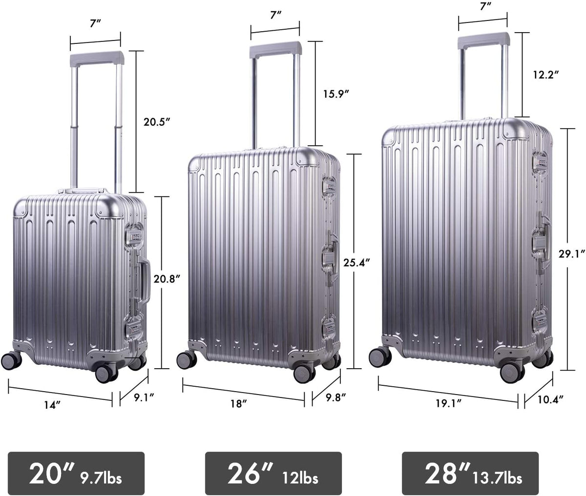 TRAVELKING All Aluminum Luggage Carry On Spinner Hard Shell Suitcase Lightweight Metal Suitcases 20“ & 28 Inch Luggage Set