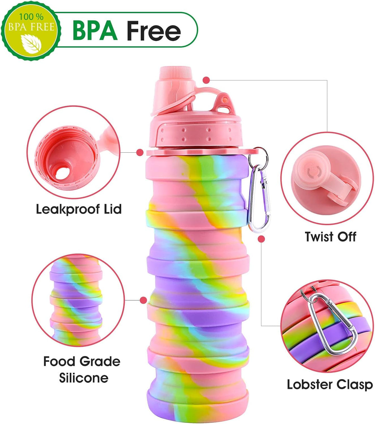 Collapsible Water Bottle for Adults, Boys, Students, Kids, Reusable Silicone Foldable Water Bottles for Travel Camping Hiking Sports,Leak-Proof Portable Sports Water Bottle (Pink & Blue)