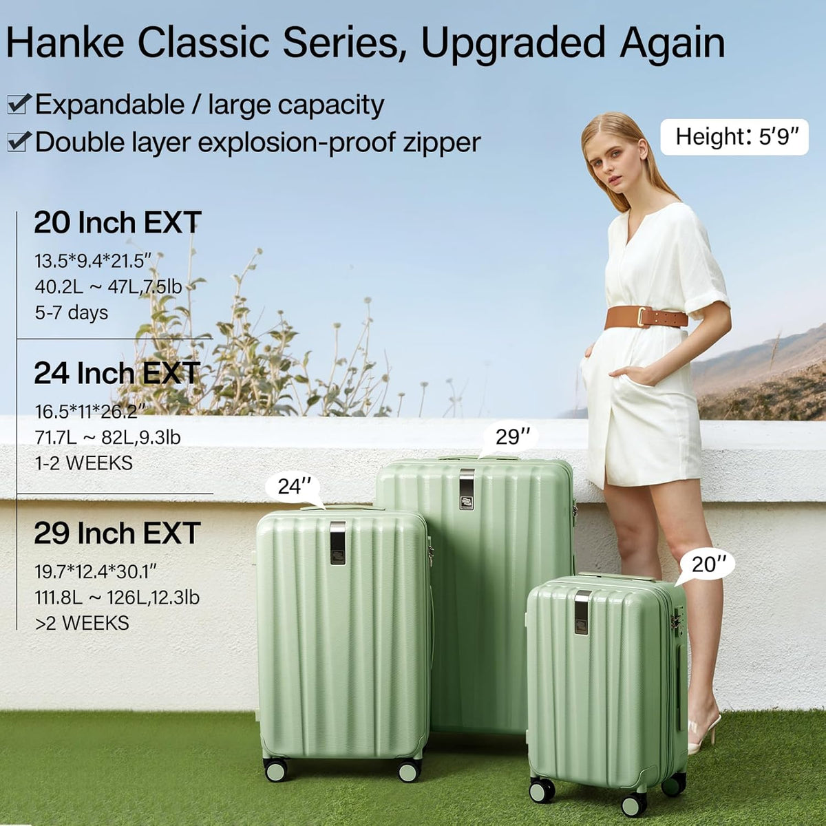Hanke Expandable Hard Shell Luggage Sets 2 piece Carry on Luggage with Wheels Suitcases Lightweight Checked Travel Luggage Rolling Large Suitcase Travel Luggage Bag Woman Men 20/29 Inch(Bamboo Green)