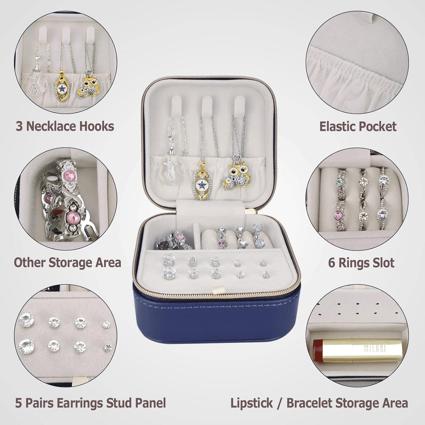 Travel Small Portable Mini Jewelry Case for collection Rings Necklaces Earrings and Lipstick Blue