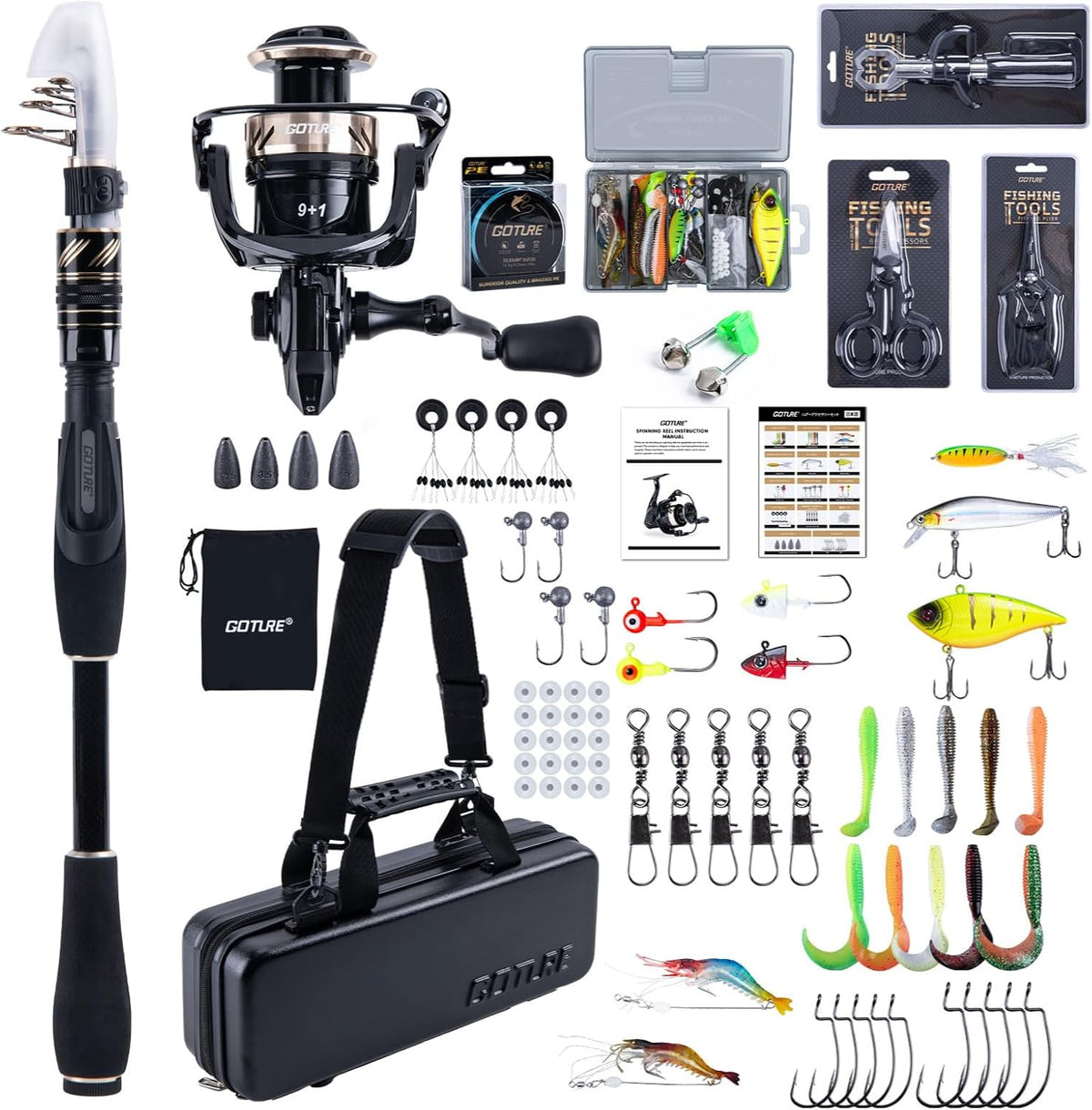 Goture Fishing Rod and Reel Combo - Carbon Fiber Telescopic Fishing Pole - Spinning Reel 9+1 Shielded Bearings Stainless Steel BB - A