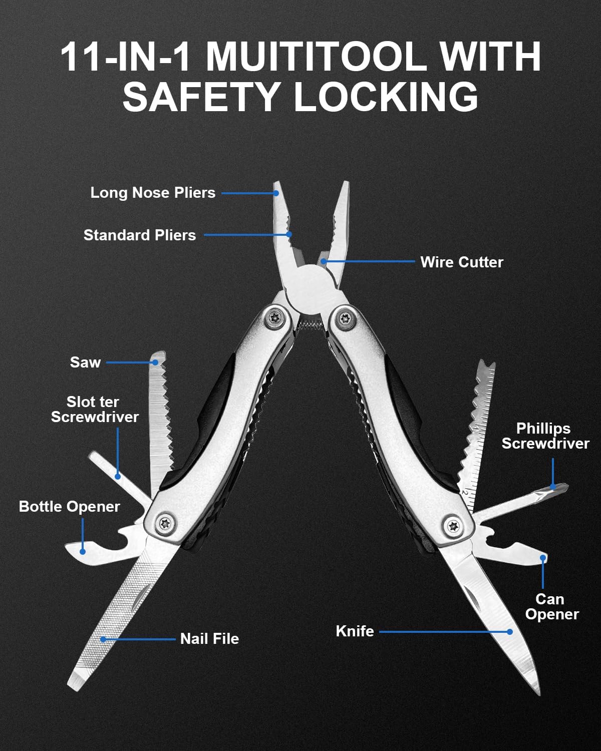 UNOONE 11-in-1 Multitool Pliers - Stainless Steel Pocket Knife with Pliers, Screwdriver & Bottle Opener - Aluminum Handle EDC Knives for Survival, Camping, Hunting, Hiking - Gift for Men Women (Blue)