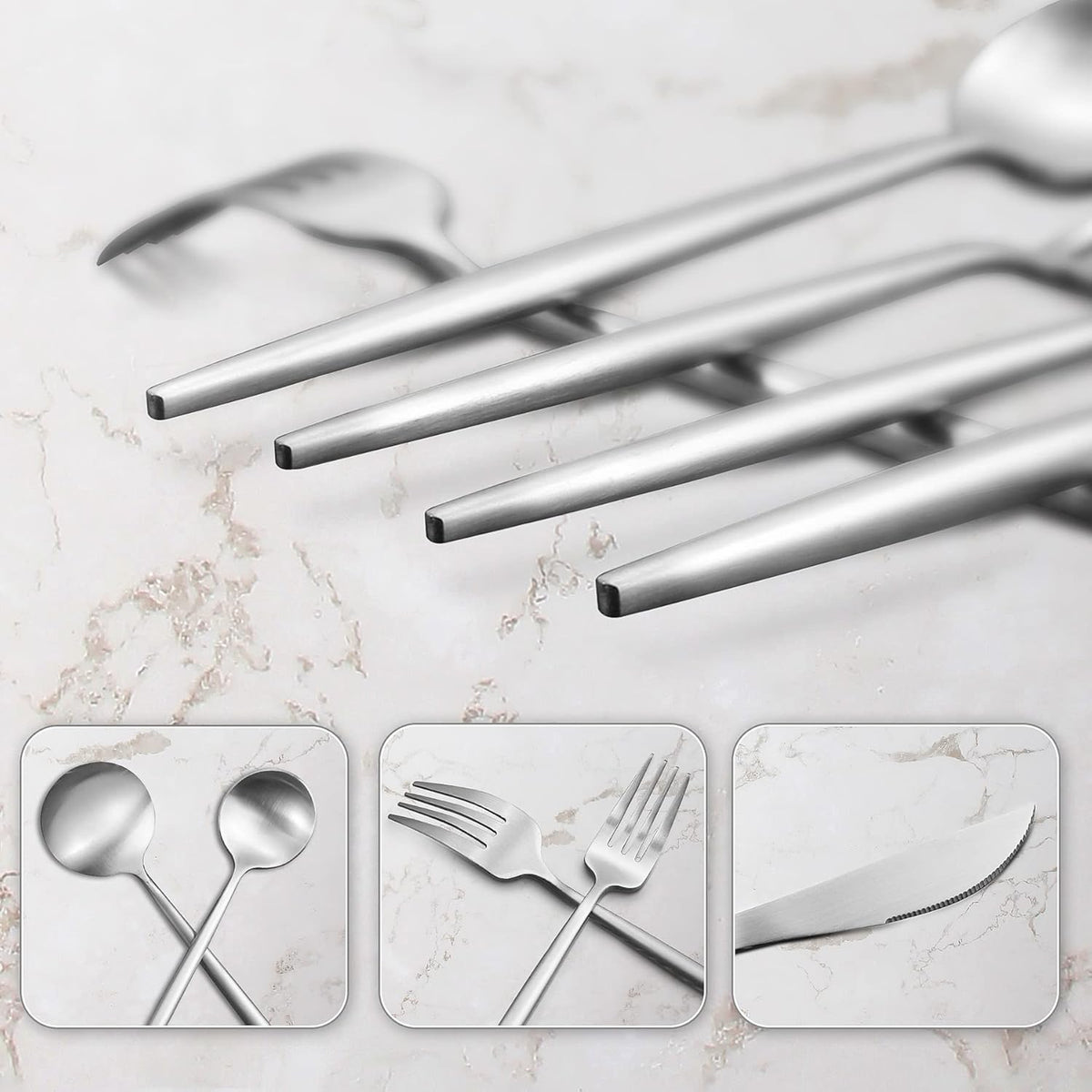 60-Piece Silverware Set, IBIILII JEFF Stainless Steel Flatware Set，Kitchen Utensil Set, Tableware Cutlery Set, Service for 12, Satin Finished Polished & Dishwasher Safe
