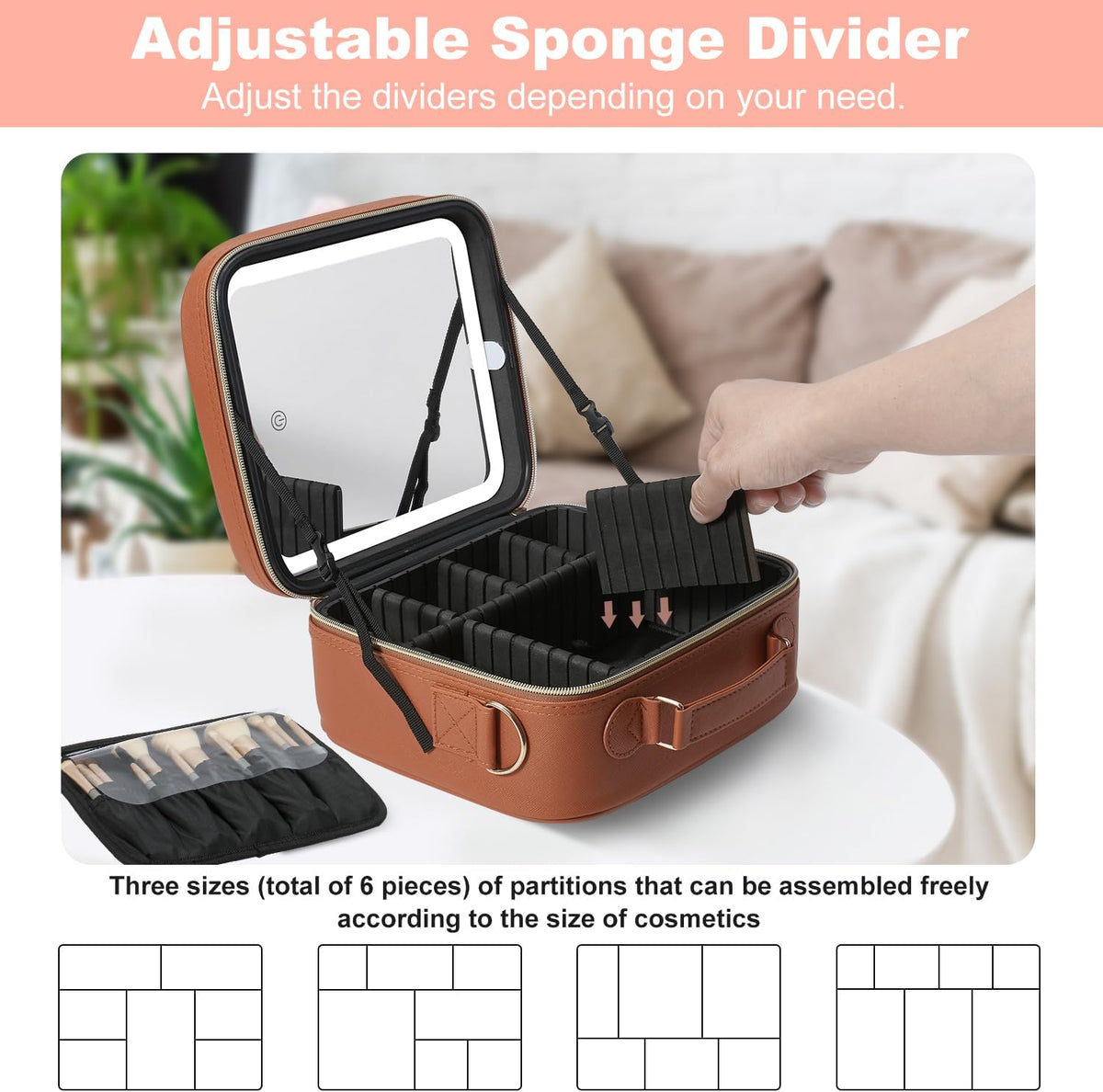 Mocado Travel Makeup Bag with LED Lighted Mirror, Travel Makeup Organizer, Makeup Case with 3 Color Lighted Setting and 10x Magnifying Mirror, Portable Storage and Adjustable Dividers(Orange Brown)