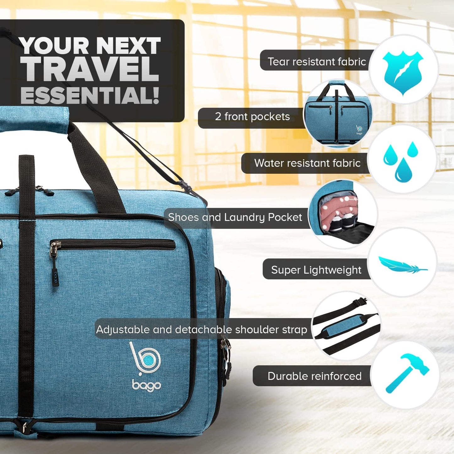 Bago Foldable Duffel Bags for Traveling Women & Men - 60L Medium Packable Duffle Bag for Travel with Shoe Compartment - Water Repellant, Heavy Duty, Lightweight Folding & Collapsible (SnowBlue)