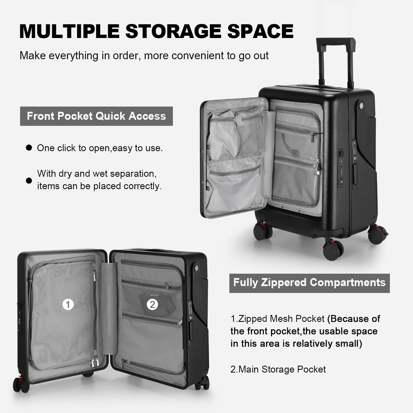 Ride On Luggage with Foldable Seat for Kids&Adults with Seat Belt,Hardshell Ride On Suitcase with Front Pocket,Lockable 4-Spinner Wheels,USB Port,TSA Lock,20 inch,Black