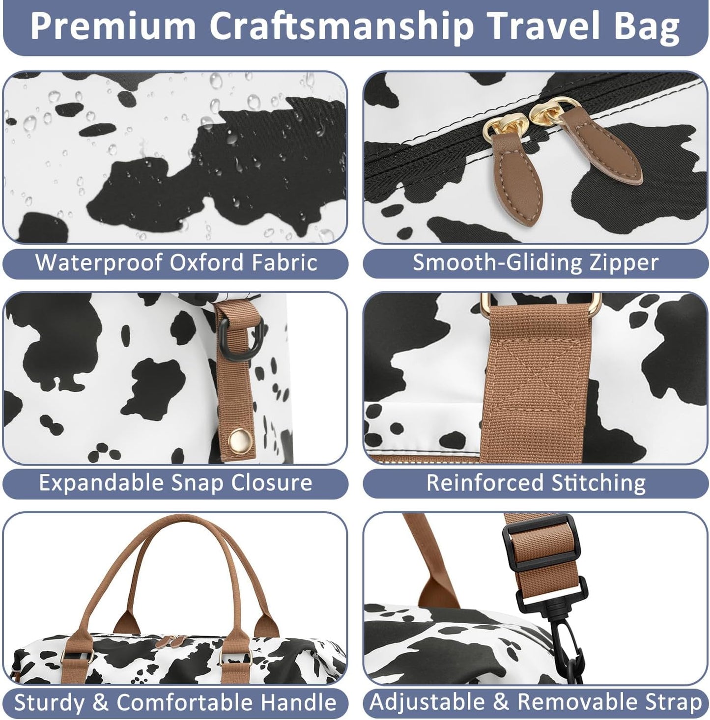 Travel Duffle Bag for Women, Weekender Bags, Hospital Bag for Labor Delivery, Lightweight Tote Duffel Overnight Bag with Luggage Sleeve, Airplane Travel Bags with Toiletry Bag, X-Large, Cow