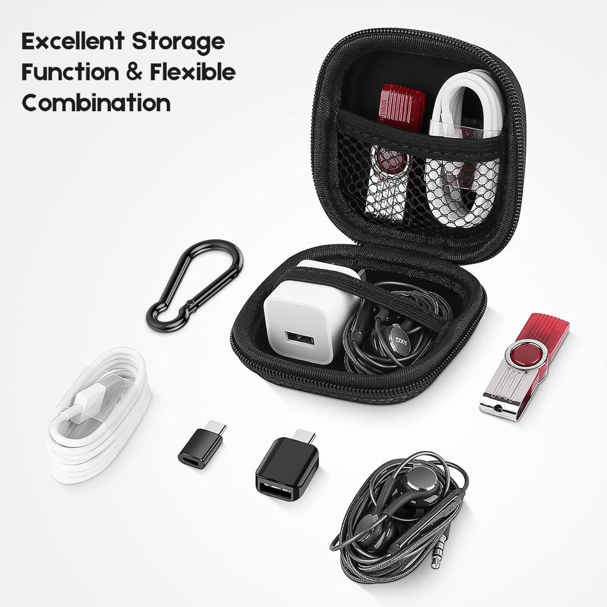 Earbud Case Hard EVA Earphone Carrying Case Cell Phone Accessories Storage Bag with Carabiner for Airpods Headset Earphone Flash Drive Charging Cable Key Wall Charger USB Adapter Cable (Blue 4Pack)
