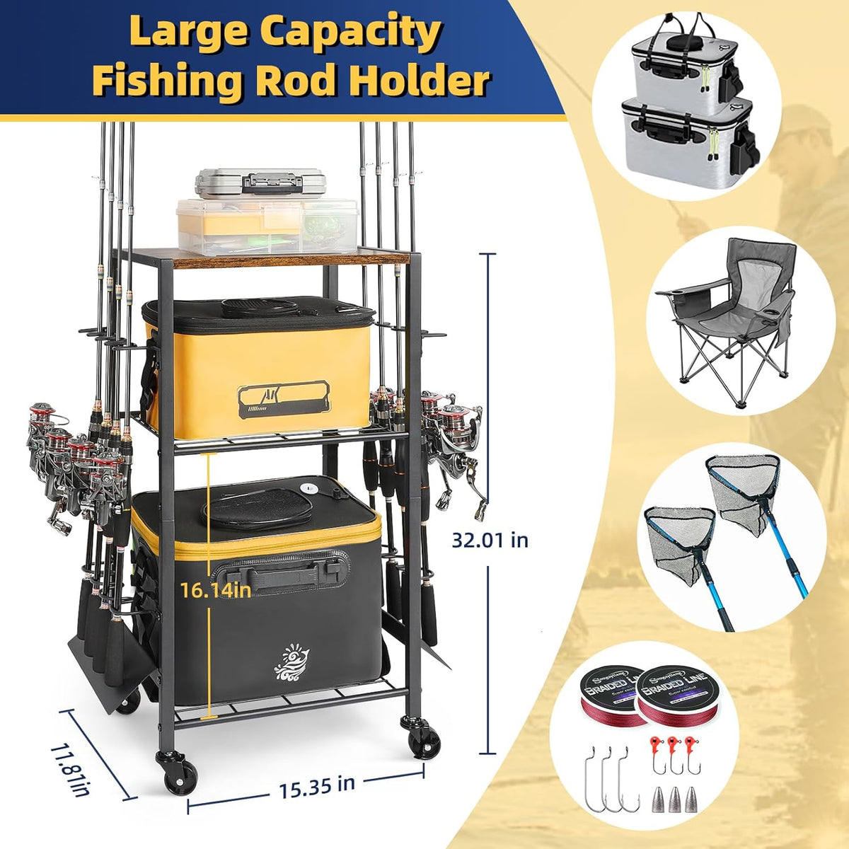 Olakee Fishing Rod Holder, Fishing Pole Holders for Garage Boat Home Entryway Fishing Gear Storage with Tackle Cart Ideal Gift for Men Dad Anglers Corner Design for Rods and Equipment Organizers