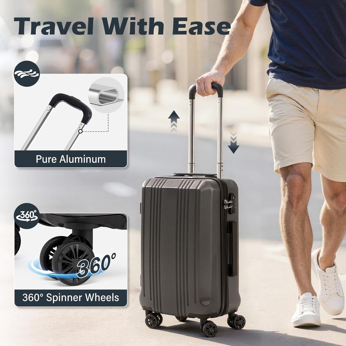 Coolife Luggage Suitcase PC+ABS with TSA Lock Spinner Carry on Hardshell Lightweight 20in 24in 28in(ice blue, S(20in_carry on))