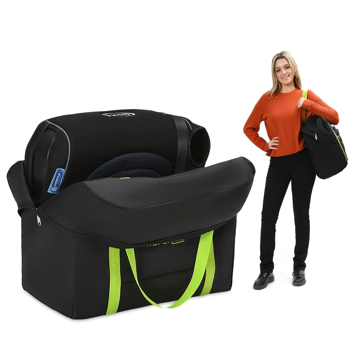 Reperkid Booster Seat Travel Bag for Airplane, Black and Green, 17" H x 16.5" W x 9.5" D, Compatible with Gb Pockit Stroller & Most Boosters– Premium Waterproof Cover, Hand Bag Design, Durable Zipper