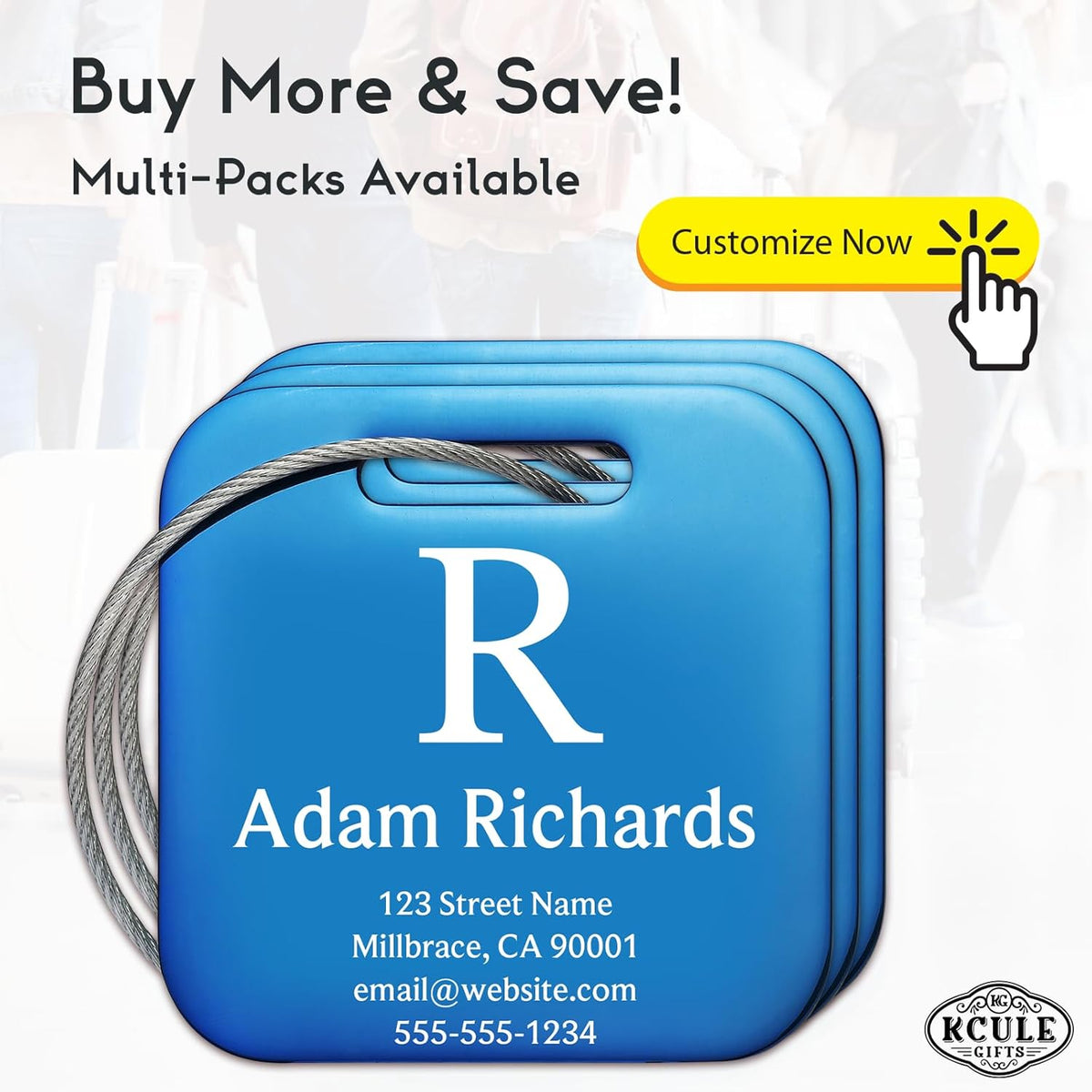 Customized Stainless Steel Luggage Tags: Personalize Your Suitcases, Backpacks, and Bags with Your Text (Blue)