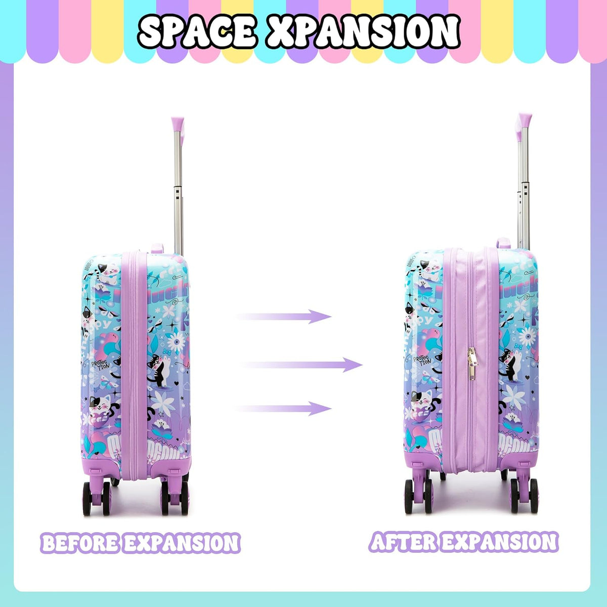 Cute Cat Kid's Luggage Set 2 Piece Suitcase Set 16" Hardside Luggage with Spinner Wheels Girls Carry on Toddler Travel Rolling Luggage Airline Approved