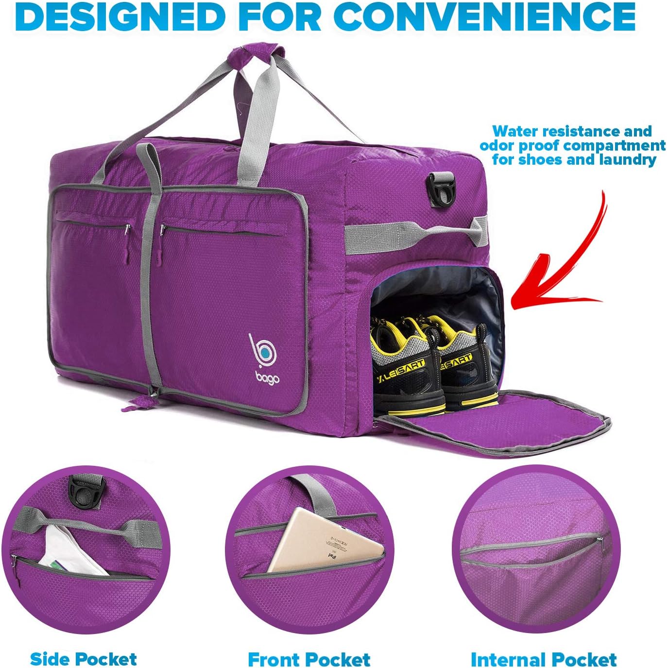 Bago Large Foldable Duffel Bags for Traveling Women & Men - 120L Packable Duffle Bag for Travel with Shoe Compartment - Water Repellant, Heavy Duty, Lightweight Folding & Collapsible (Purple)