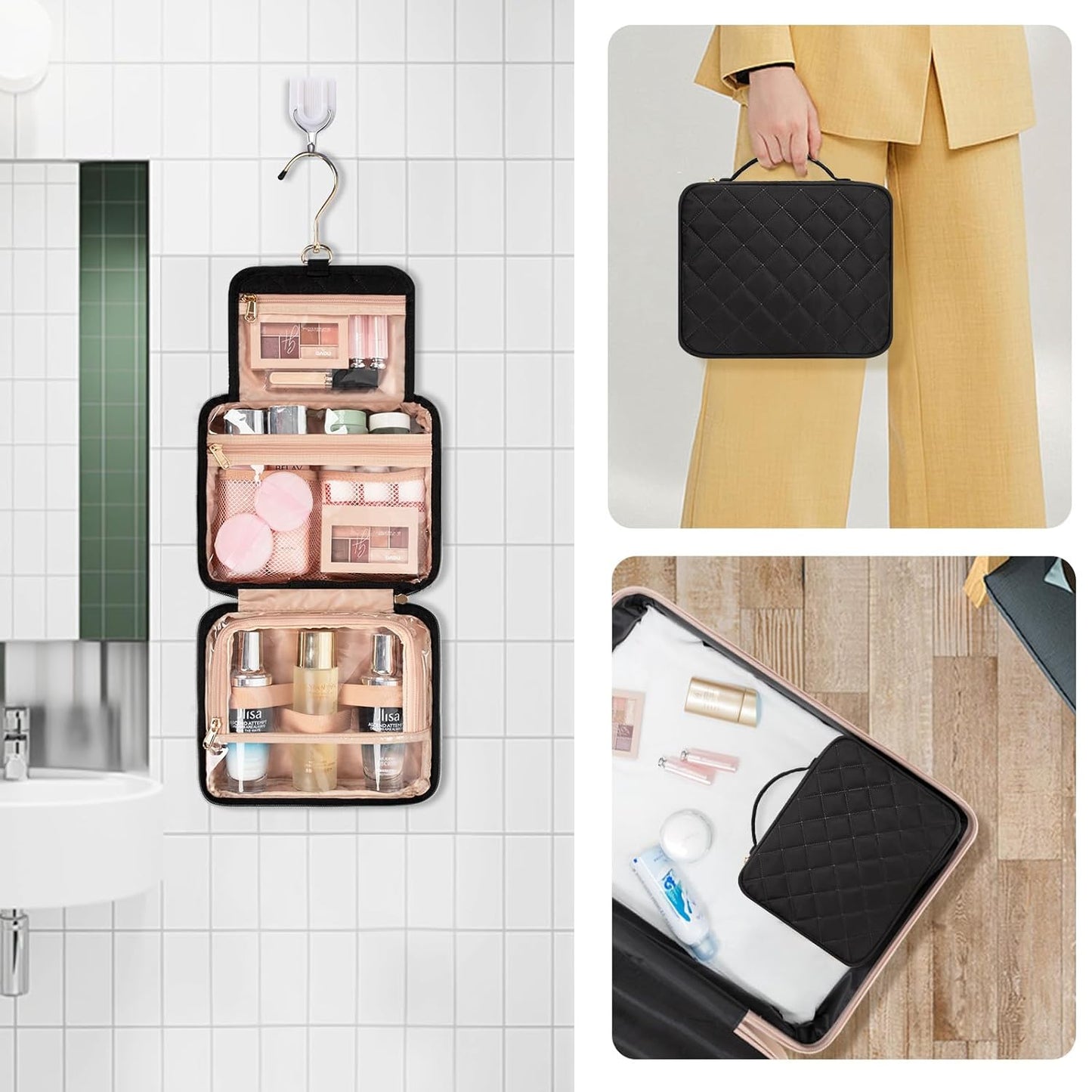 CUBETASTIC Hanging Travel Toiletry Bag, Portable Makeup Organizer for Women Men, 3 Compartment Cute Cosmetic Case Water-resistant Small Travel Bag for Toiletries, Black