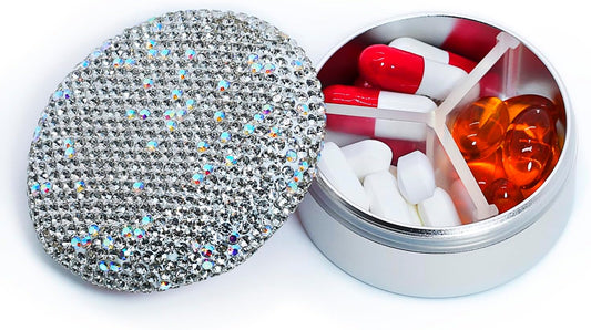 Small Pill Case 3 Compartments, Metal Round Portable Pill Box, Waterproof Travel Pill Organizer, Pocket Purse Medicine Vitamin Holder EDC Container (Silver with Rhinestone)