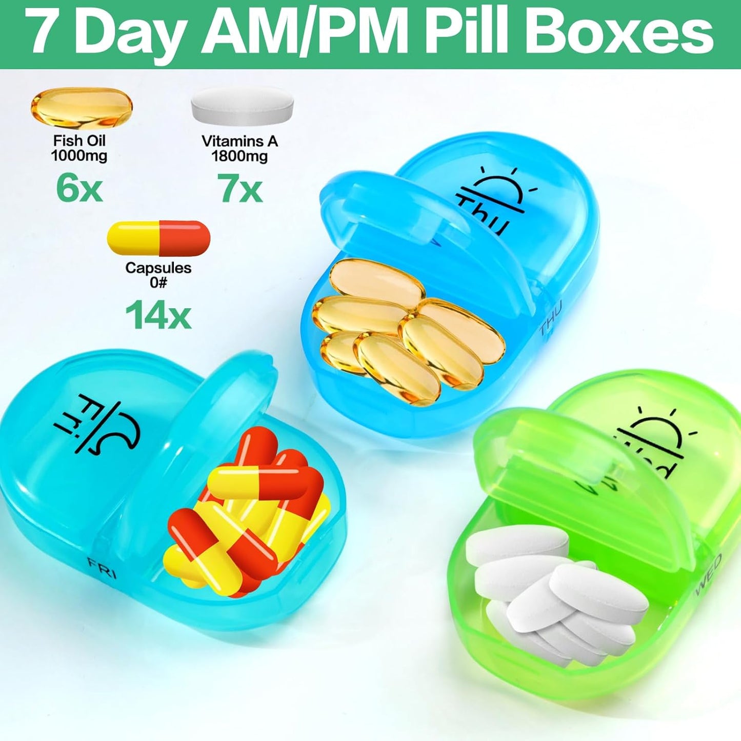 Serfeymi Weekly Travel Pill Organizer 2 Times A Day AM PM Upgraded Rainbow Pill Box 7 Day with Portable Zipper PU Leather Pill Case, Medicine Organizer for Pills, Vitamins, Fish Oils - Blue 01