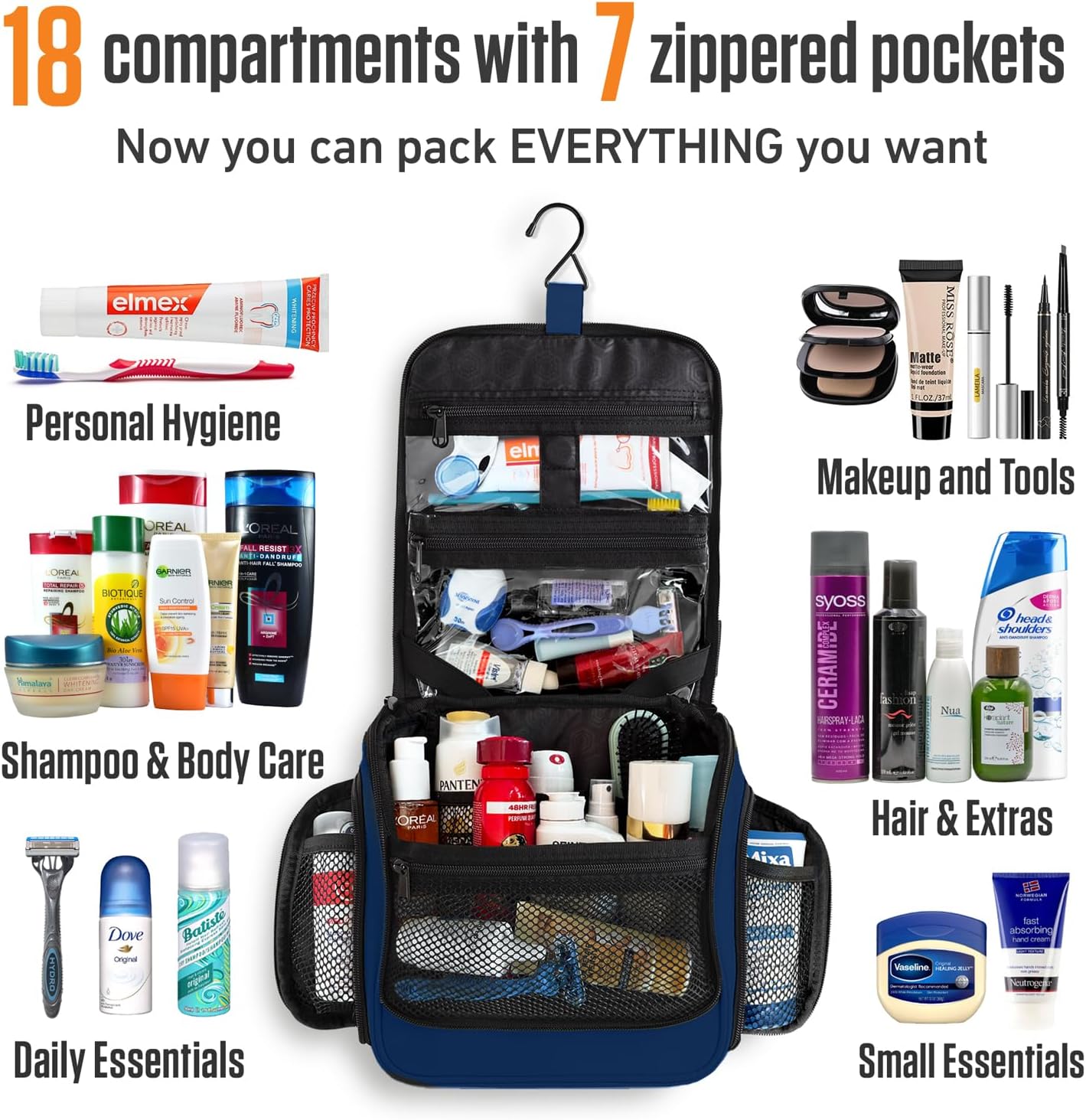 VENTURE 4TH Hanging Travel Toiletry Bag for Women & Men - Travel Organizer with Expandable Compartments & Removable Clear Pouch for Toiletries (Navy Blue)