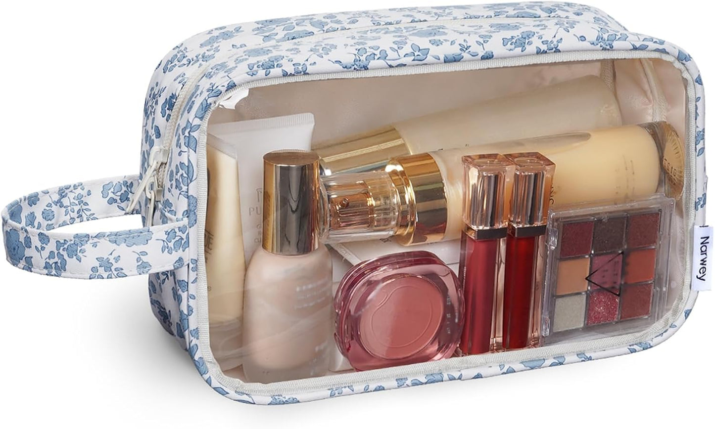 Narwey Clear Toiletry Bags for Traveling Women Men, Clear Travel Bags for Toiletries Makeup Bag Cosmetic Bag with Zipper, Make Up Organizer, Skincare Bag (Little Blue Flower)