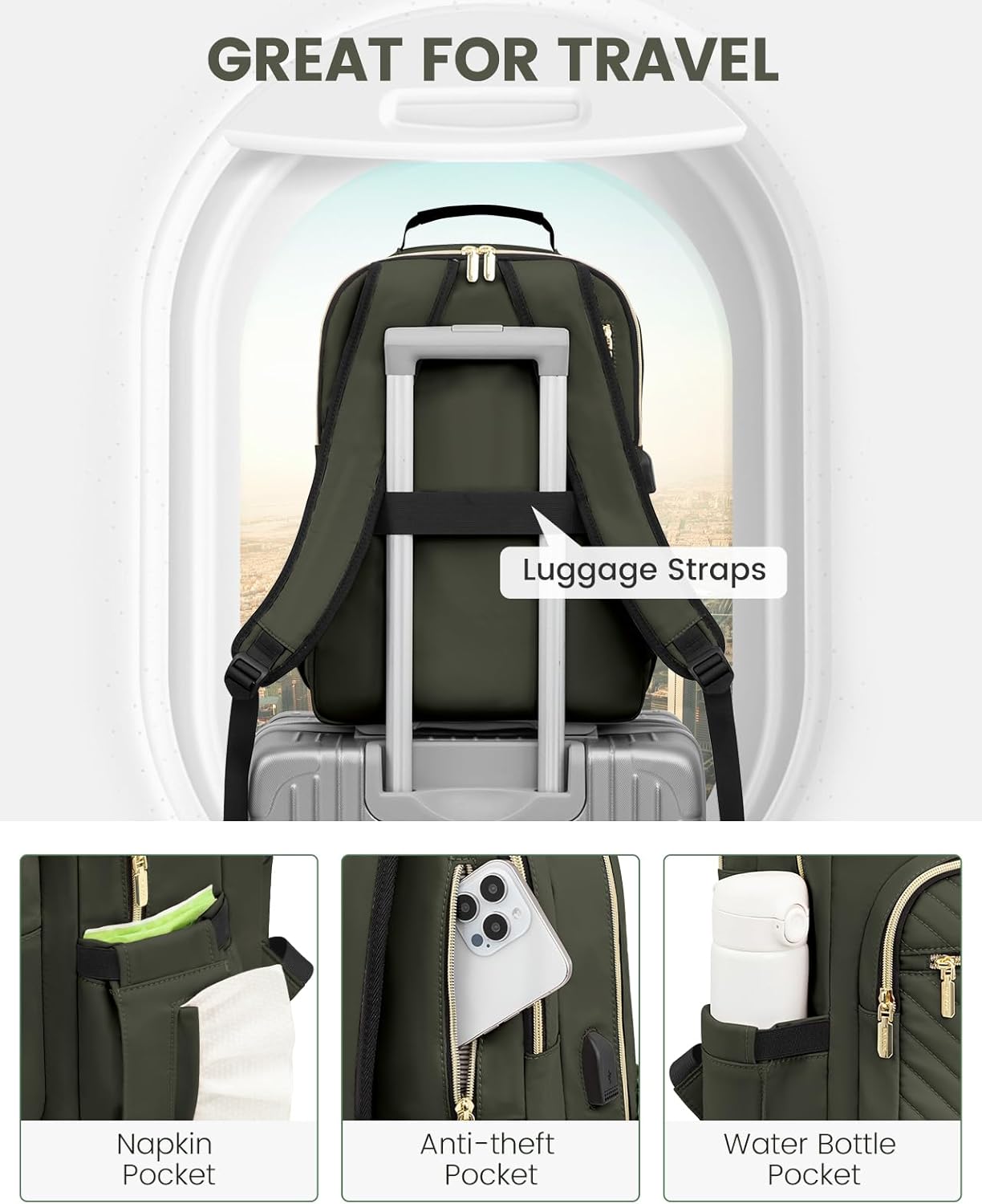LOVEVOOK Laptop Backpack for Women, Travel Computer Work Bags with 17-inch Laptop Compartment, College School Student Bag Teen Backpacks For Girls, Outdoor Carry On Backpack Purse, Army Green