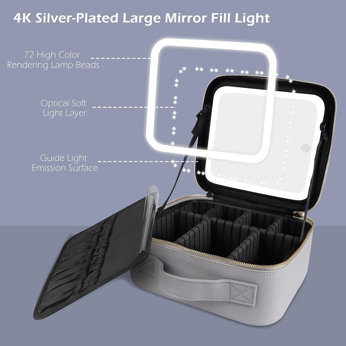 MOMIRA Travel Makeup Bag Cosmetic Bag Makeup Organizer Bag with Lighted Mirror, Adjustable Brightness in 3 Color Scenarios, Waterproof Makeup Train Case, Gift for Women - Grayish