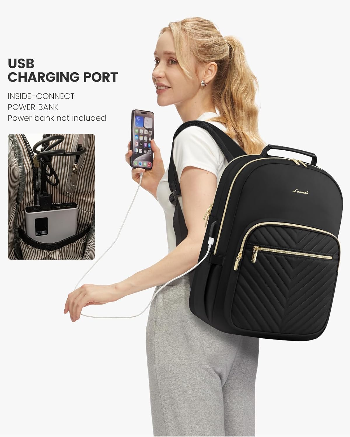 LOVEVOOK Laptop Backpack Purse for Women, Work Travel Computer Bags, College School Backpack for Student Girl, Quilted Casual Daypack with USB Port, Fit 15.6 Inch Laptop, Black