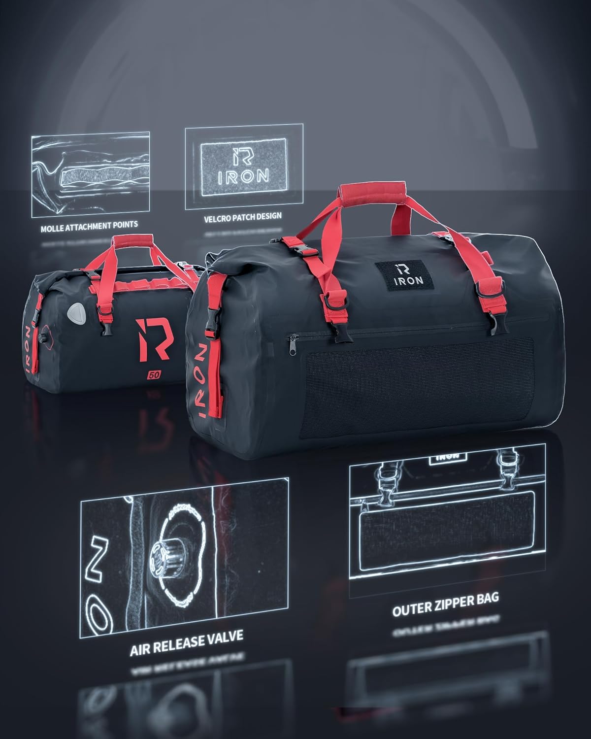 BORLENI Waterproof Motorcycle Dry Duffel Bag Luggage Tail Bag with Large Storage Space,Roll Top Closure, Shoulder Straps, Inner Pocket and Mesh Pocket for Motorcycling Travel Camping (Black,50L)