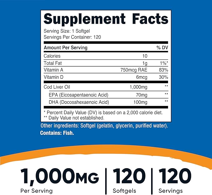 Nutricost Cod Liver Oil 1000mg, 120 Softgels - Non-GMO & Gluten Free