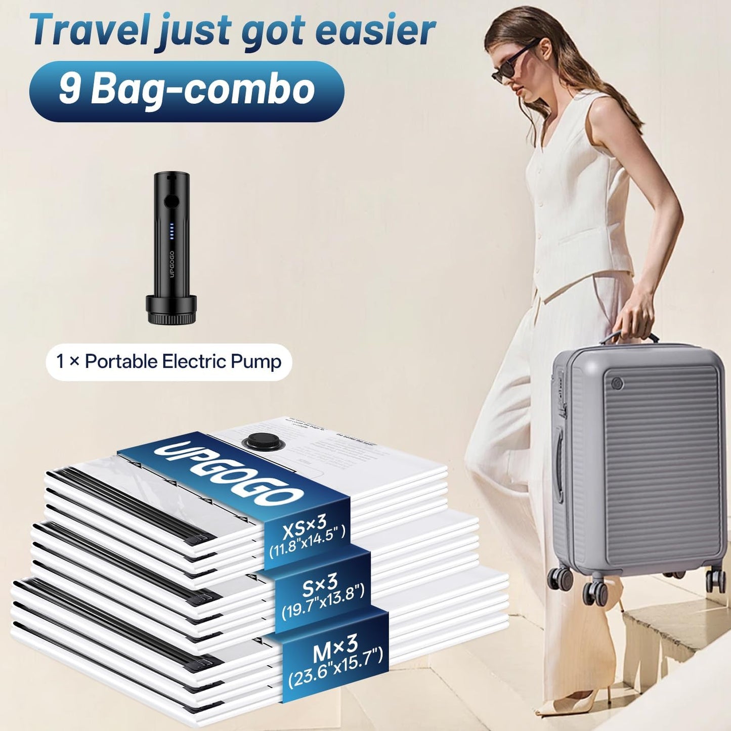 Travel Vacuum Bags for Luggage with Portable Electric Pump,Vacuum Seal Bags for Clothing,Packing Cubes Compression,Cruise Ship and Travel Essentials(Combo 9 Pack)