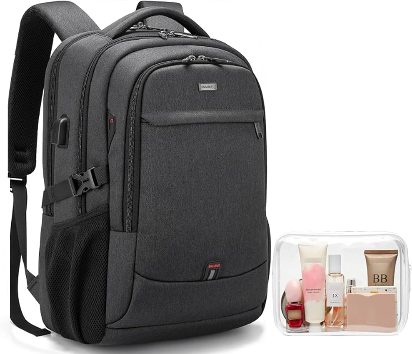 DUSLANG 17 Inch Laptop Backpack for Travel Water Resistant College Backpack for Men/Women Laptop Bag with USB Charging Port and clear Cosmetic Toiletry Bag, Black