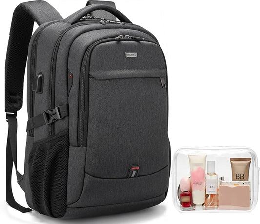 DUSLANG 17 Inch Laptop Backpack for Travel Water Resistant College Backpack for Men/Women Laptop Bag with USB Charging Port and clear Cosmetic Toiletry Bag, Black