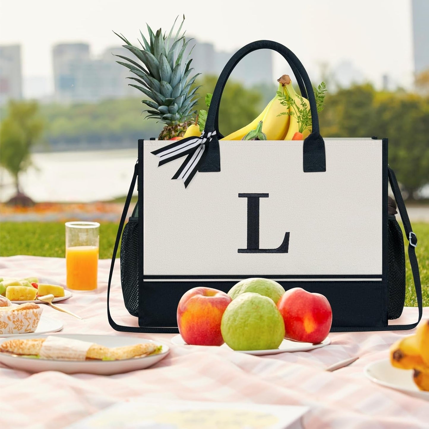 TOPDesign Personalized Initial Canvas Tote Bag, for Wedding, Birthday, Beach, Perfect Gifts for Women, Mom, Teachers, Friends