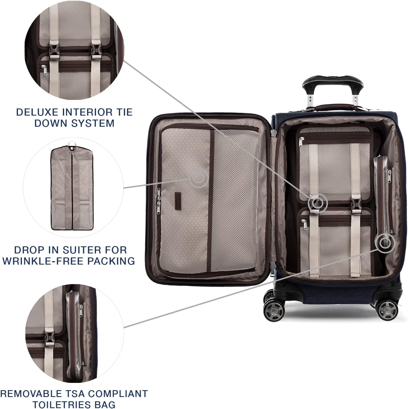 Travelpro Platinum Elite Softside Expandable Carry on Luggage, 8 Wheel Spinner Suitcase, USB Port, Suiter, Men and Women, True Navy Blue, Carry On 21-Inch