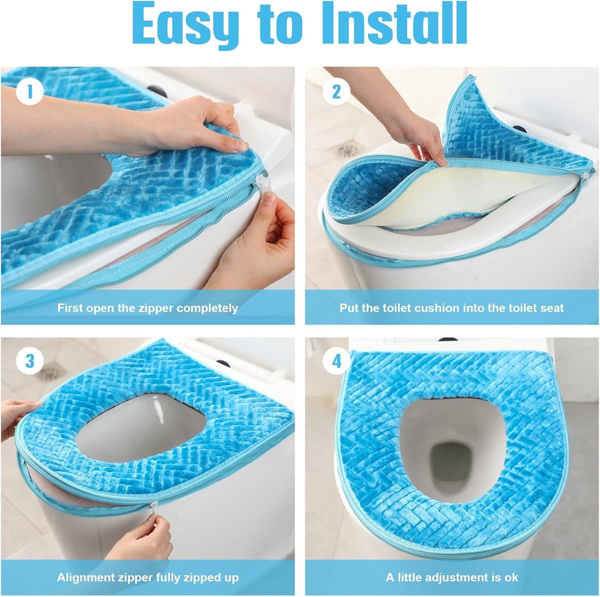 Riakrum 4 Pcs Toilet Seat Covers Pads for Bathroom Comfortable Toilet Seat Cushion Cover Soft Thicker Warmer Washable Pad with Zipper Home Reusable(Elegant,Blue, Gray, Brown, Red)