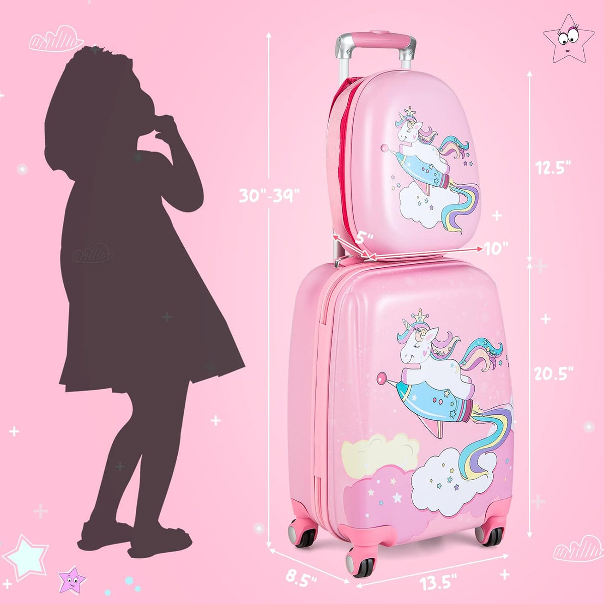 HONEY JOY Kids Luggage, 12" Toddler Backpack & 18" Travel Suitcase with Wheels, Lightweight Toddler Girls Suitcase, Durable ABS Hardshell, 2Pcs Carry On Luggage Set for Boys Girls