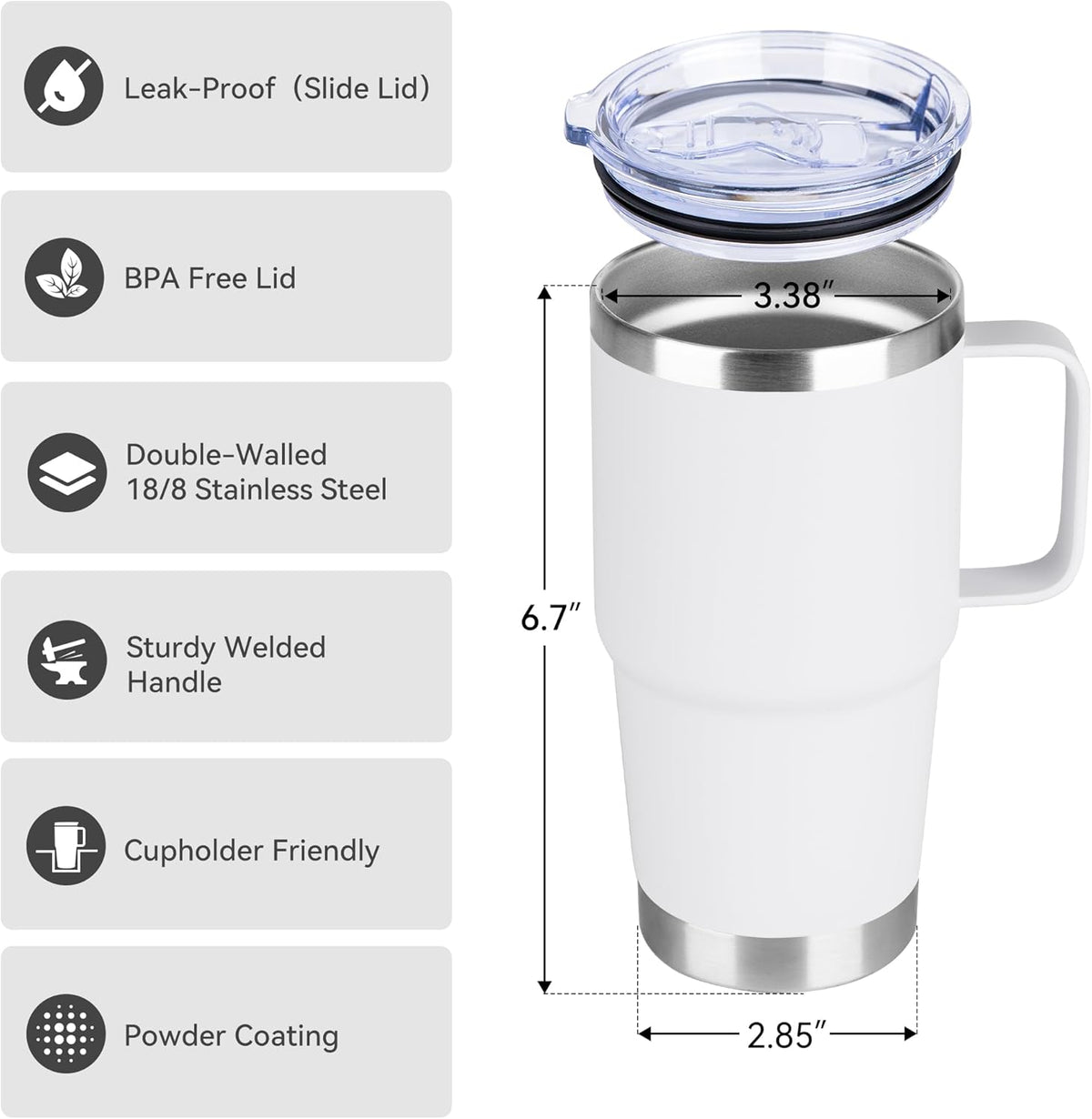HASLE OUTFITTERS 20oz Tumbler with Handle, Stainless Steel Tumbler with Lid Metal Insulated Travel Coffee Mug Double Wall Vacuum Spill Proof Reusable Coffee Cup, White 1 Pack