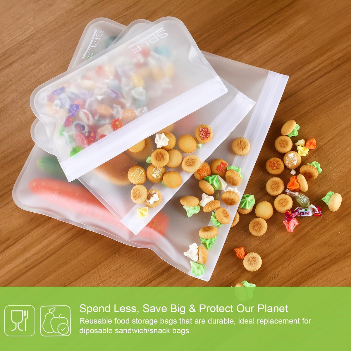 SPLF 12 Pack Dishwasher Safe Reusable Food Storage Bags (5 Sandwich 5 Snack 2 Gallon), BPA Free Freezer Bags Leakproof Silicone and Plastic Free Lunch Bags Fridge Organization