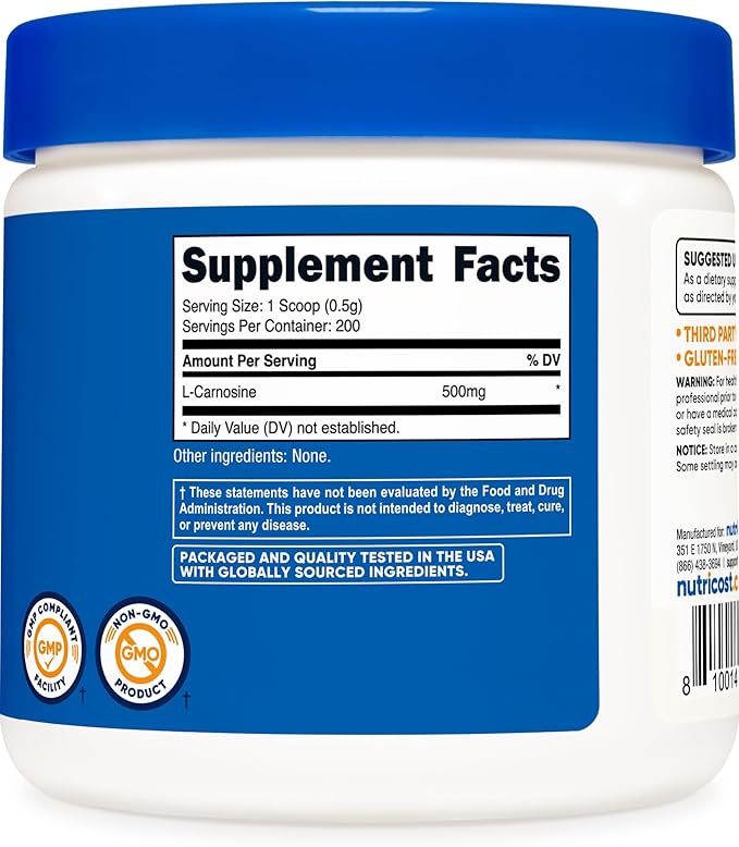 Nutricost L-Carnosine Powder 100 Grams (200 Servings) - Non-GMO