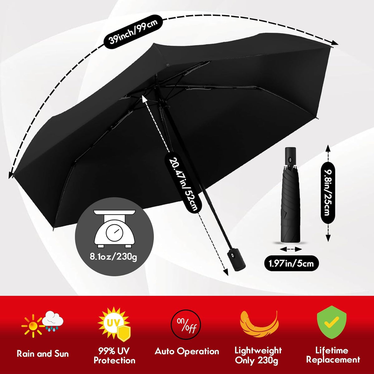 Auto Open Close Umbrella - Ultra Light Compact Travel & Backpack Size for Women and Men, UPF 50+ Eco-Friendly Sun Protection & Windproof Rain Umbrella with UV Defense