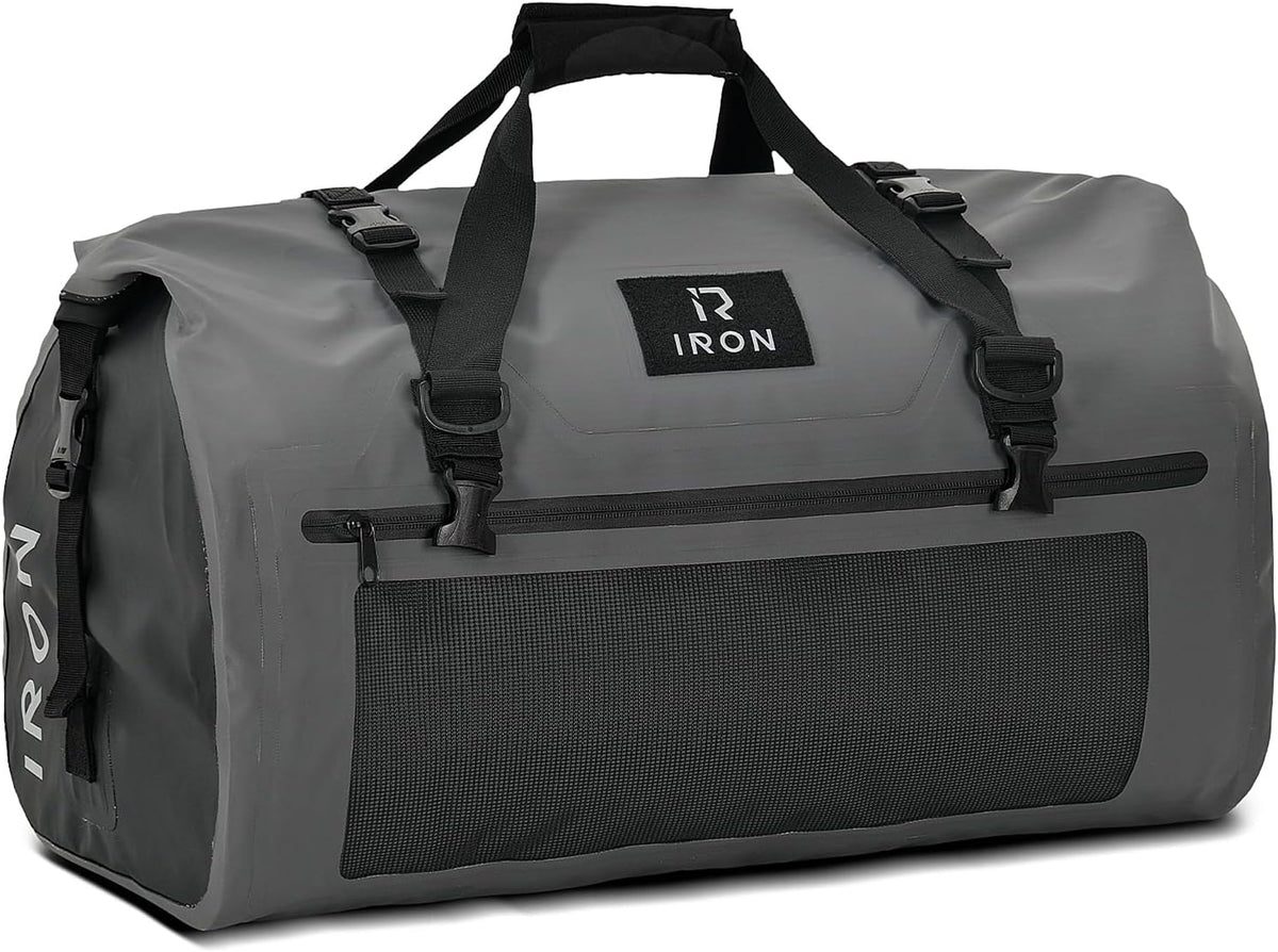 IRON JIA'S Motorcycle Dry Bag - Waterproof Duffle & Luggage Tail Bag Saddle Bags with Roll Top Closure, Shoulder Straps, Inner Pocket and Mesh Pocket (Grey, 30L)